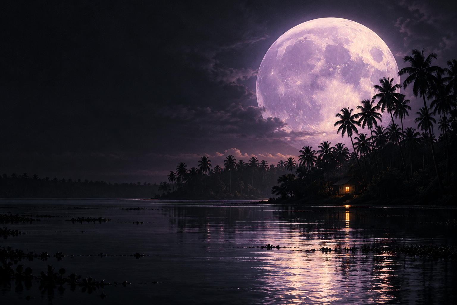 Original artwork of a violet moon above a palm-lined lagoon
